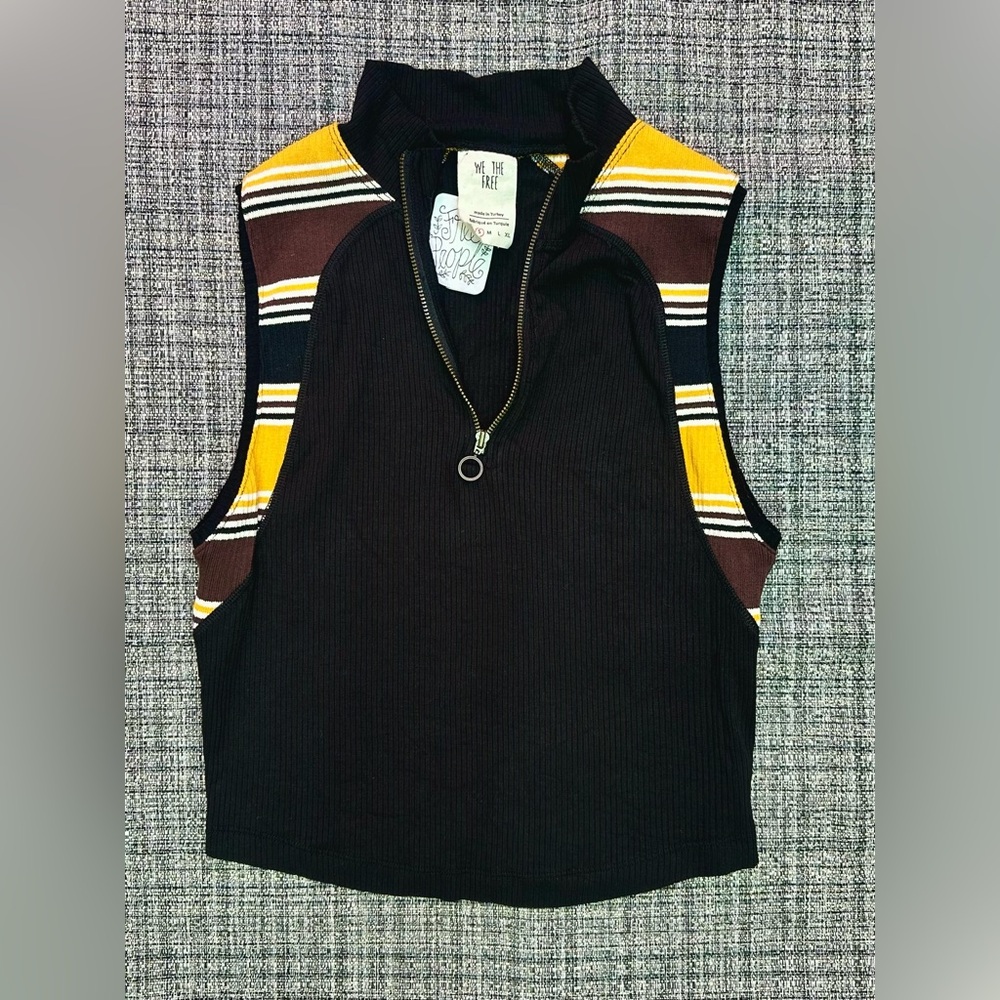 We The Free Black and Yellow Striped Mock Neck Zip Up Tank Top- Womens Small